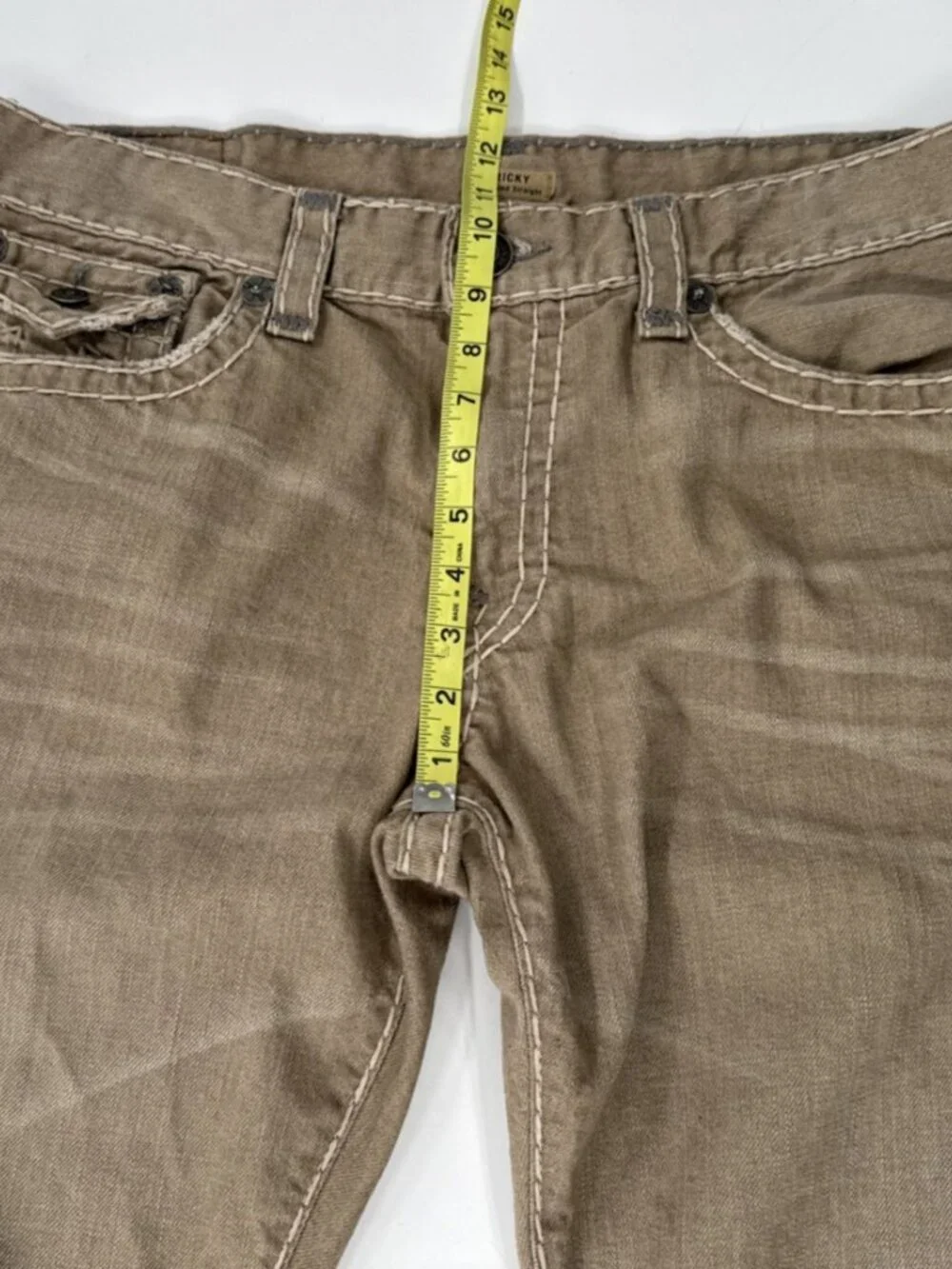 True Religion Tan Jeans Mens 38x34 Ricky Relaxed Denim Thick Stitch SuperT Flap
